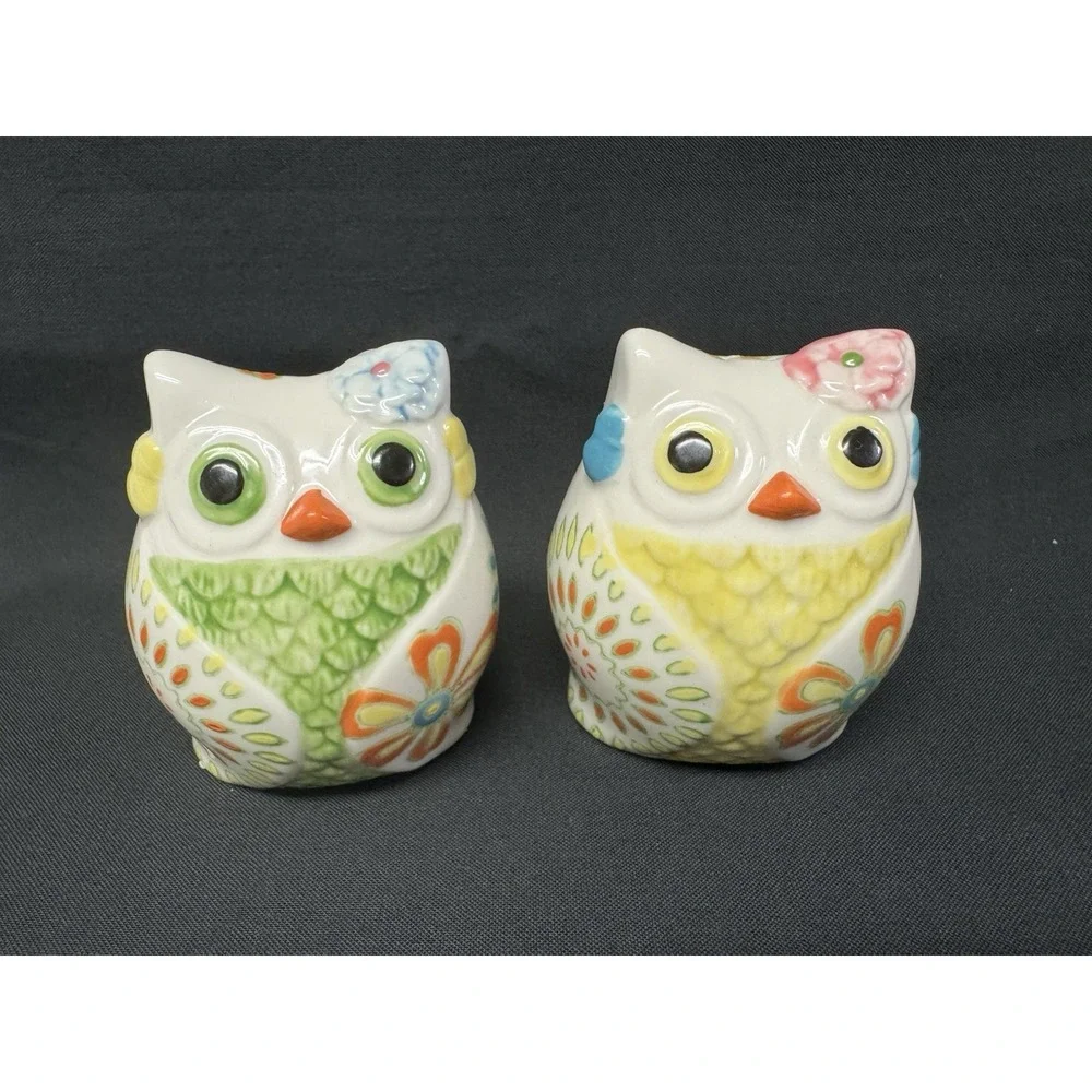 Pier 1 Set Of 2 Ceramic Colorful Owl Salt & Pepper Shakers